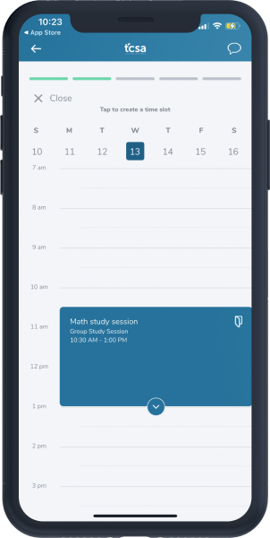 Nimbus mobile app showing a weekly calendar with a booked math study session