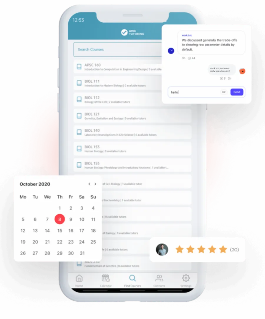 Nimbus app screens: a course search list, a booking calendar, a chat with a tutor, and a five-star rating