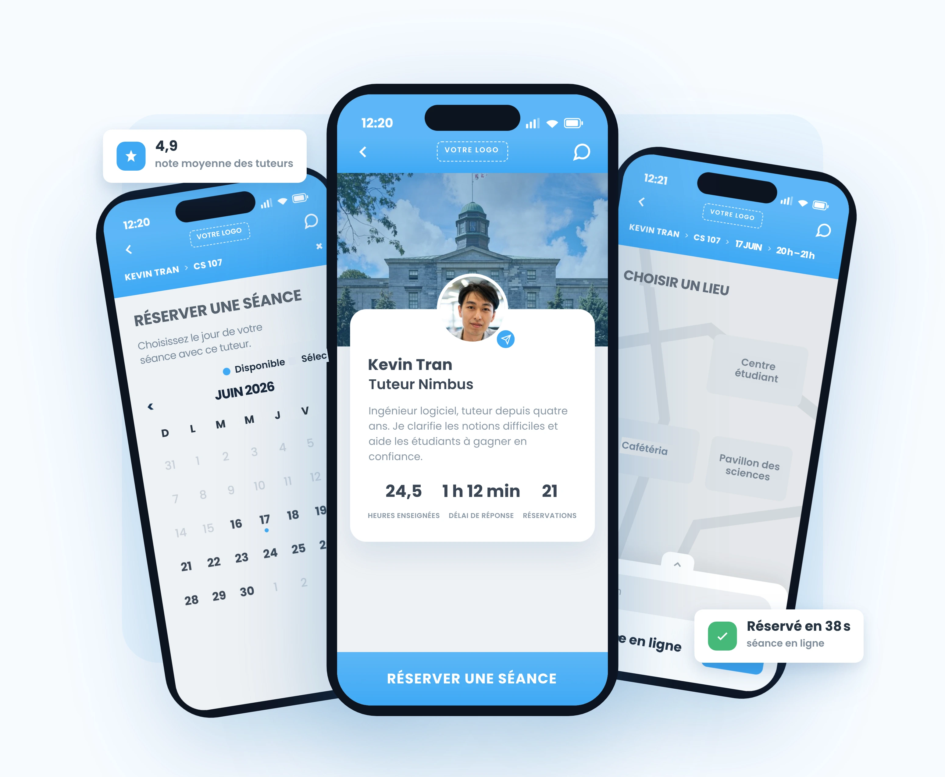 Application mobile Nimbus : le profil du tuteur Kevin Tran sous une photo du campus, avec un bouton pour réserver une séance