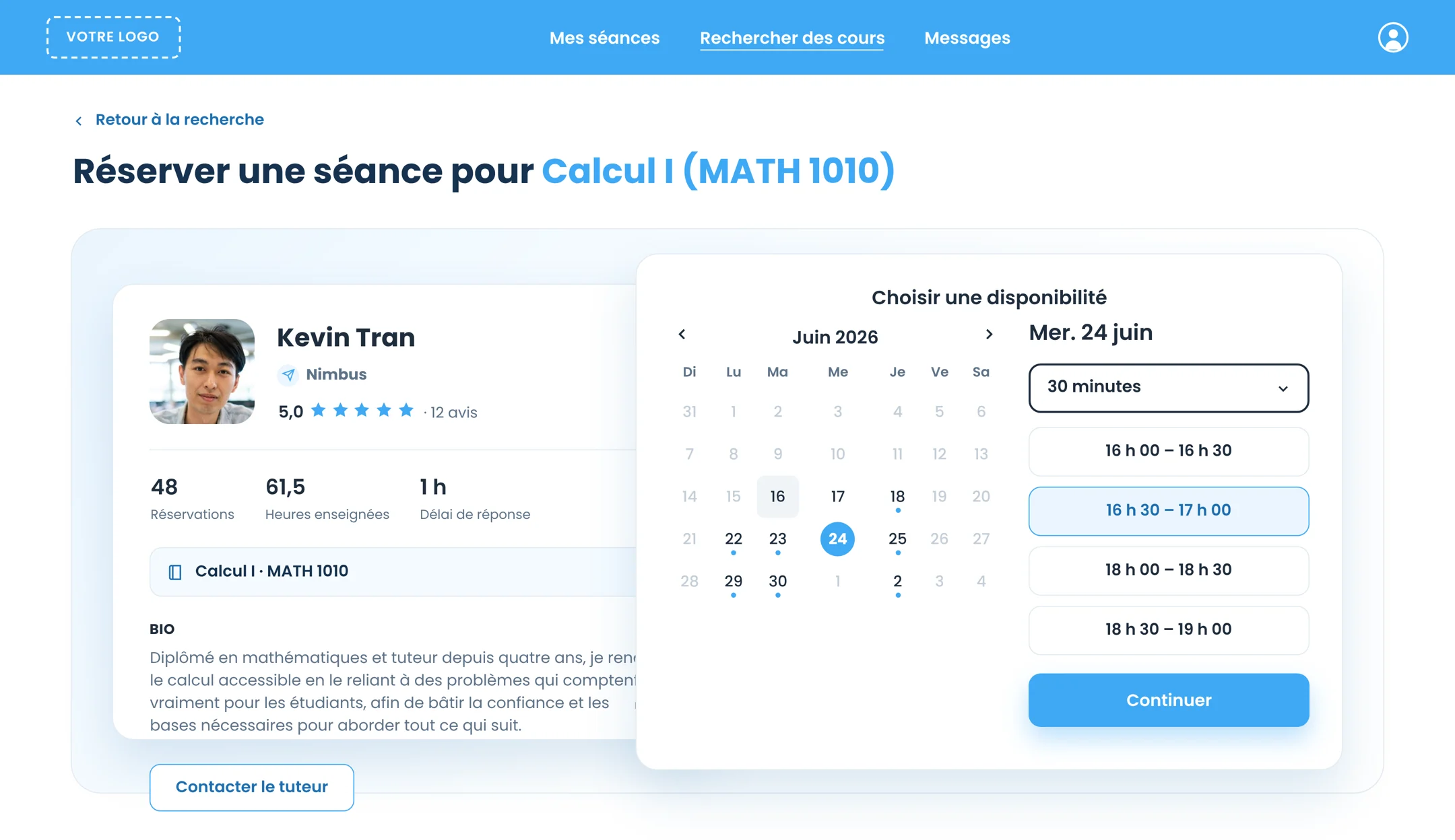 Application Web Nimbus : un étudiant réserve une séance de Calcul I avec le tuteur Kevin Tran, en choisissant un jour de juin et une plage de 30&nbsp;minutes